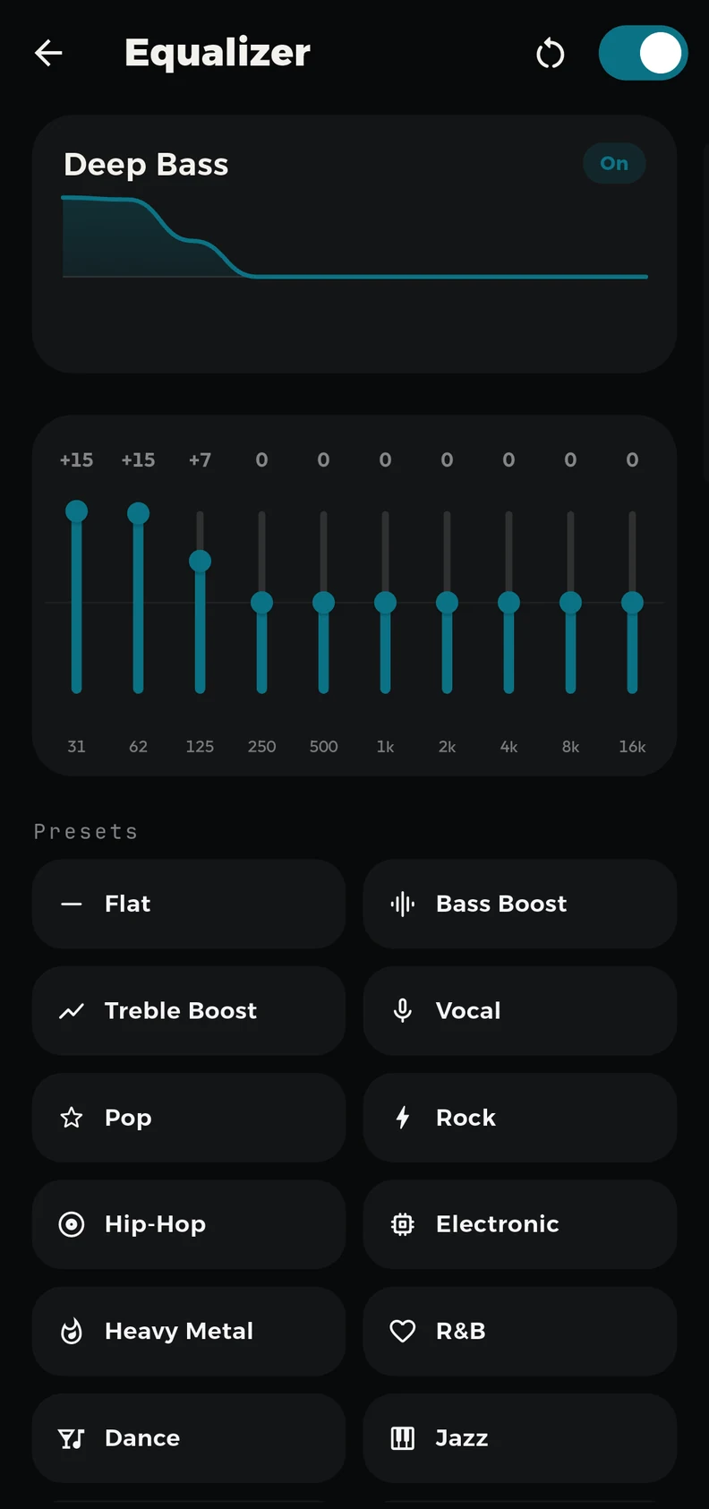 The QBox Player equalizer, with ten sliders labelled 31 Hz to 16 kHz above a grid of presets.