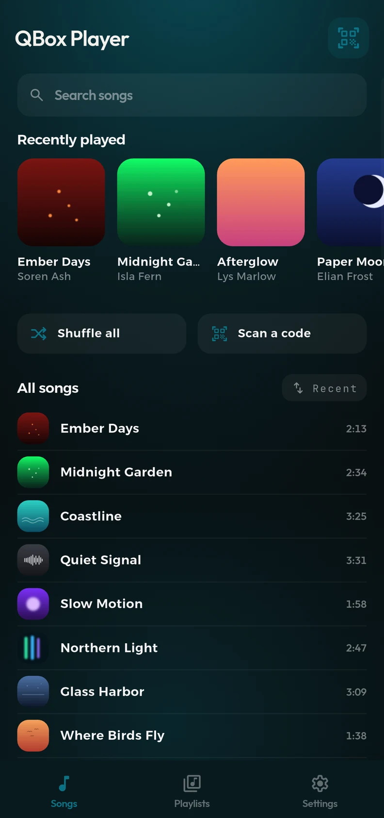 The QBox Player library, showing recently played covers above a list of songs.