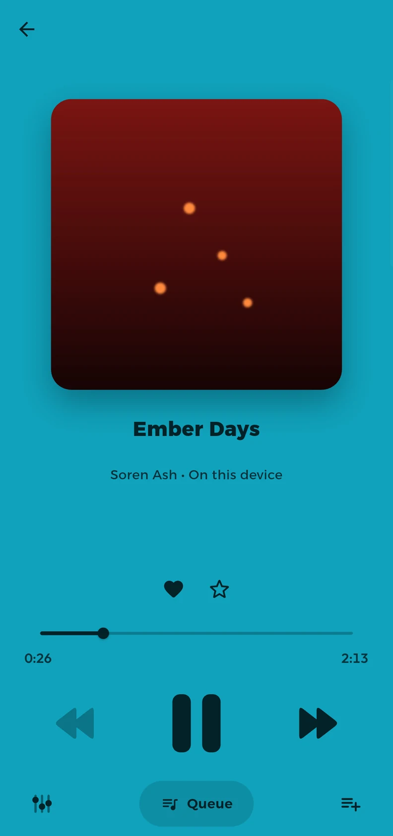 The QBox Player now-playing screen, with large album art above the transport controls.